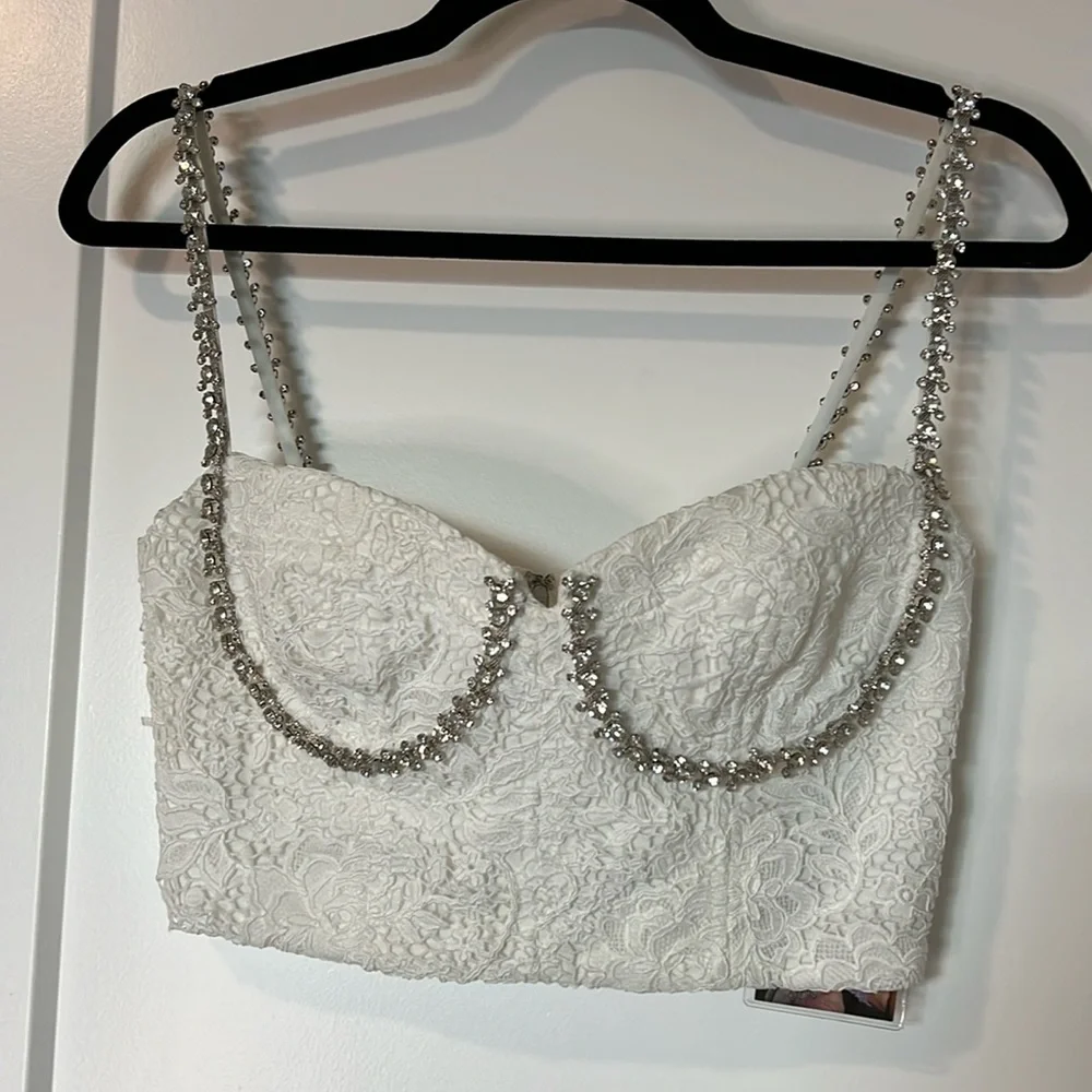 Self-Portrait Floral Corded Lace Diamante Crop Top (0) - Picture 3 of 15